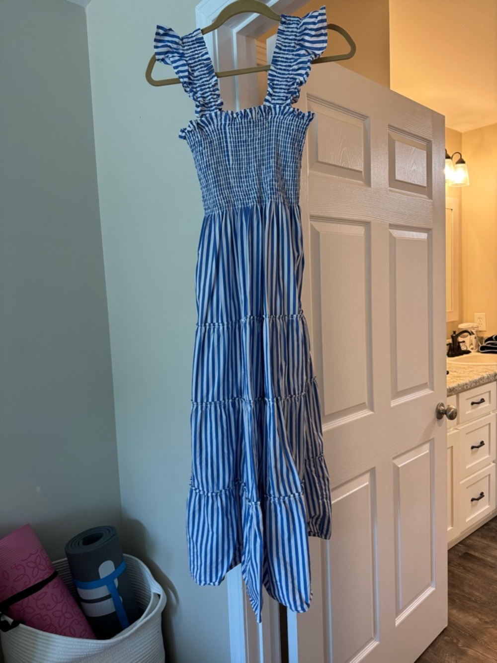 Blue & White Striped Smocked Midi Dress